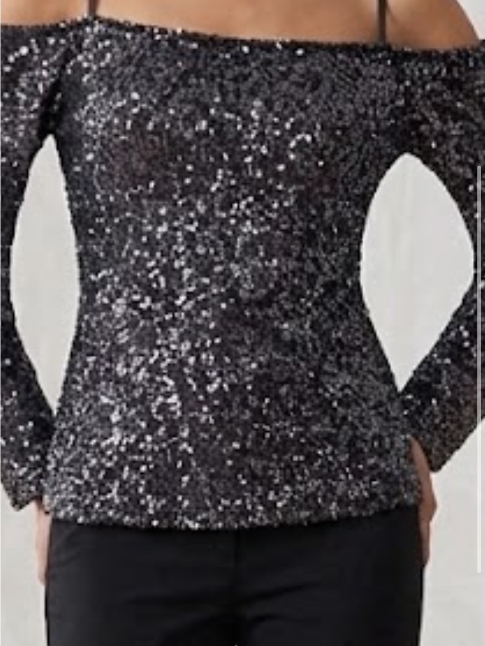 INC International Concepts Black Sequin Off-Shoulder Long Sleeve Top